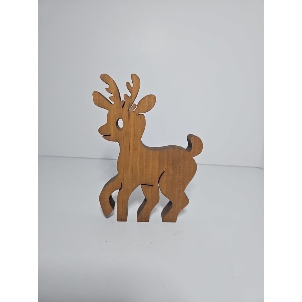Vintage Handcrafted Wooden Reindeer Figurine Christmas Shelf Sitter Decor 6.5 In